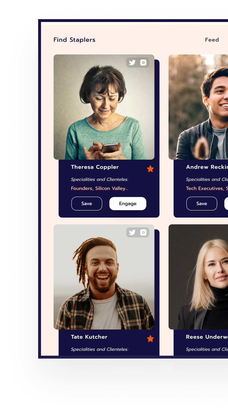 Stapler app — Find Staplers screen showing matchmaker profile cards